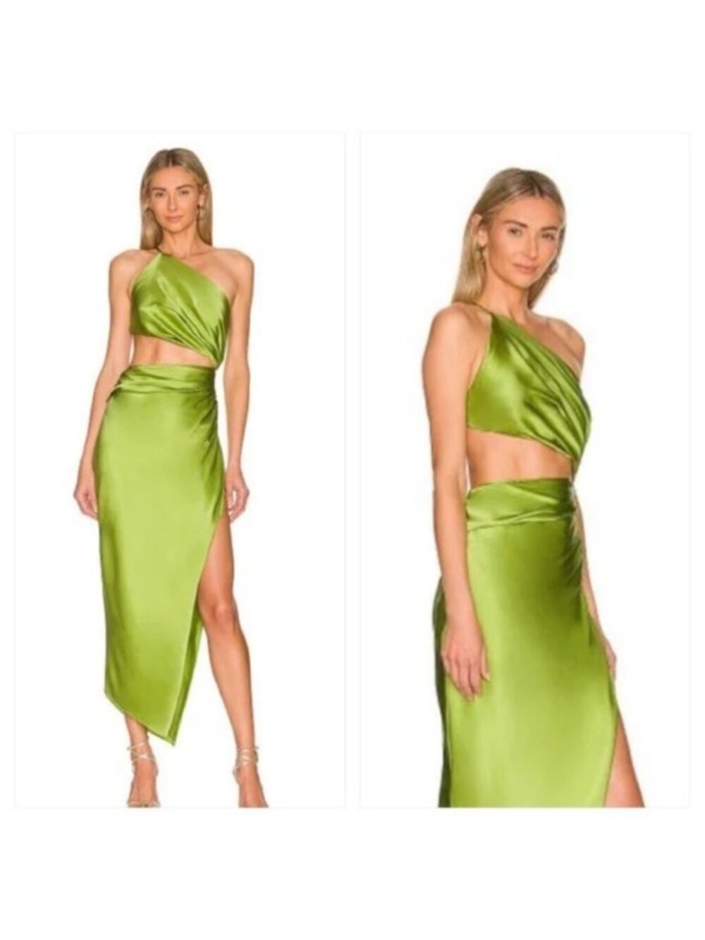 NWT The Sei Silk One Shoulder Cut Out Dress 4 Kiwi Green Satin Slit Sleeveless